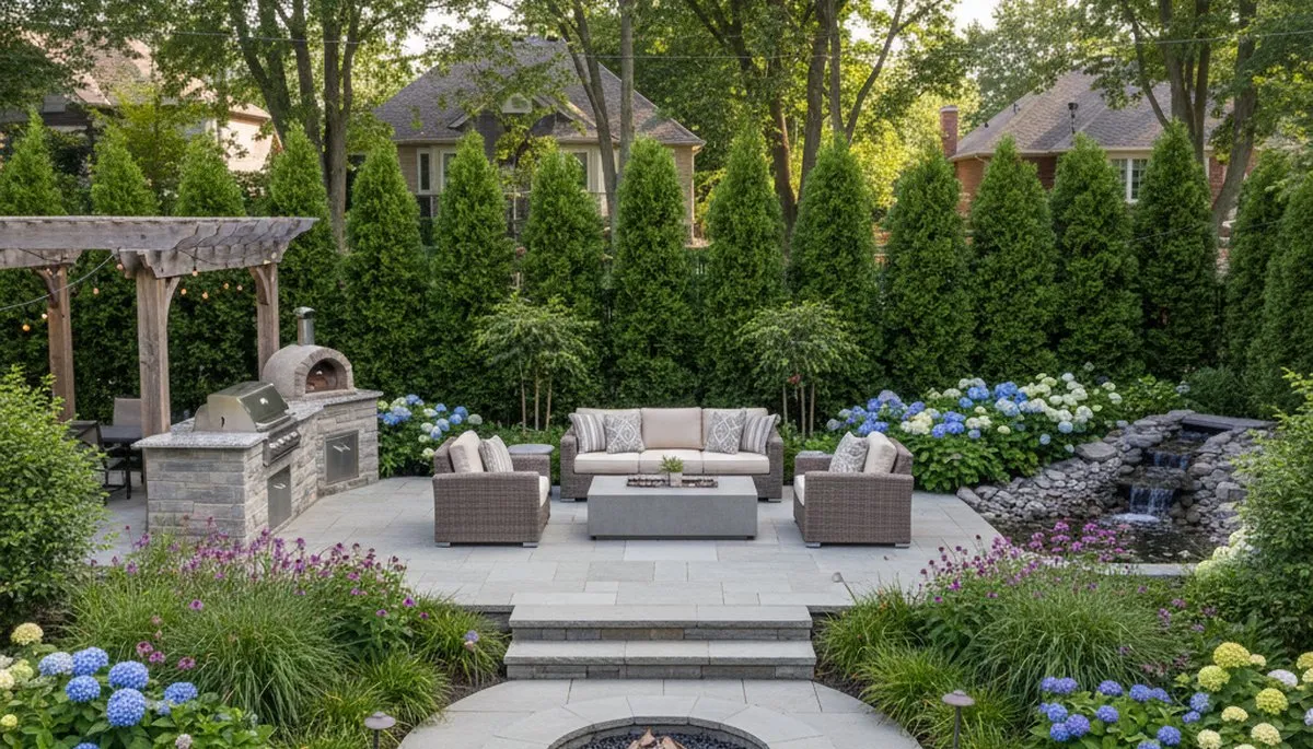 Backyard patio with hardscape, lighting, and greenery by professional landscapers in Burlington, VT