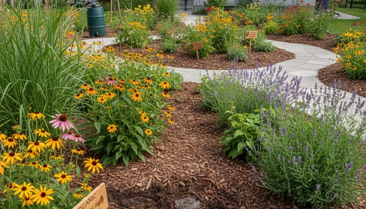 Organic garden beds with lush native plants and mulch by eco landscapers in Burlington, VT