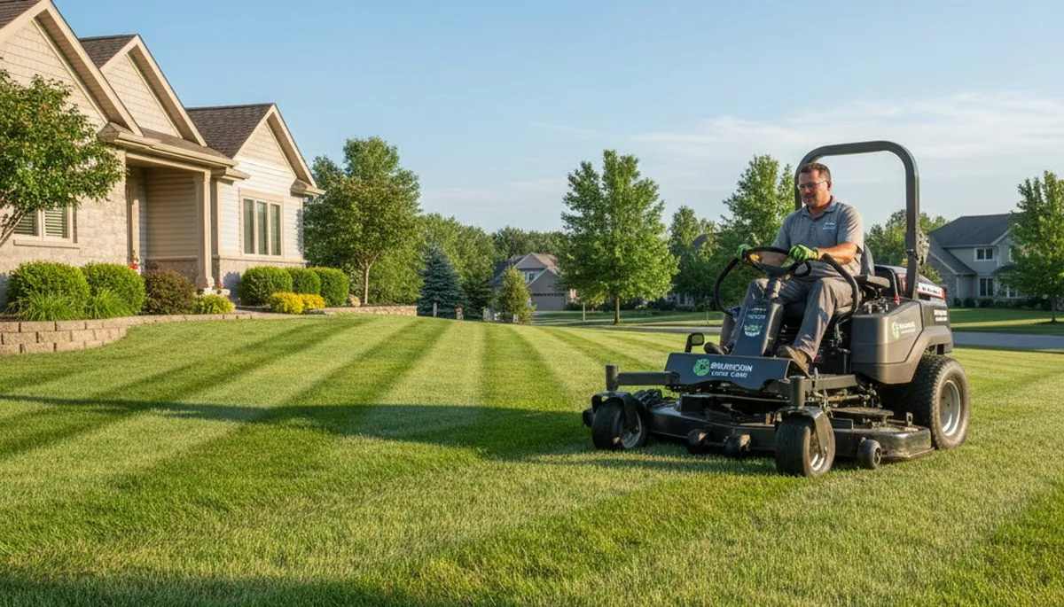 Commercial mower creating striped lawn patterns during professional mowing in Burlington, VT