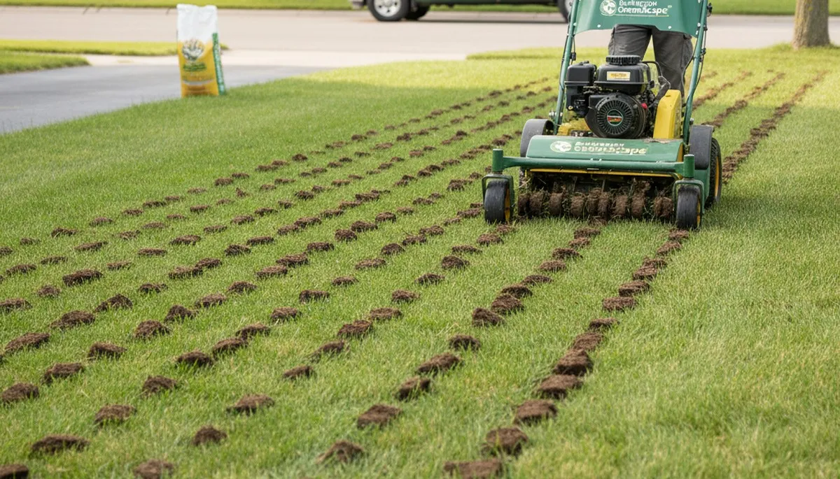 Professional lawn aeration on Burlington VT residential lawn with aerator machine and visible soil plugs