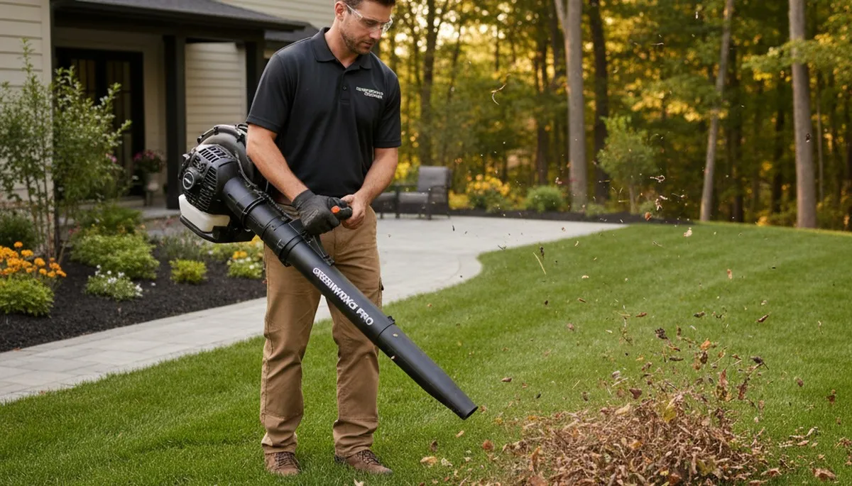 Technician using leaf blower for lawn cleanup and debris removal in Burlington, VT landscaping service
