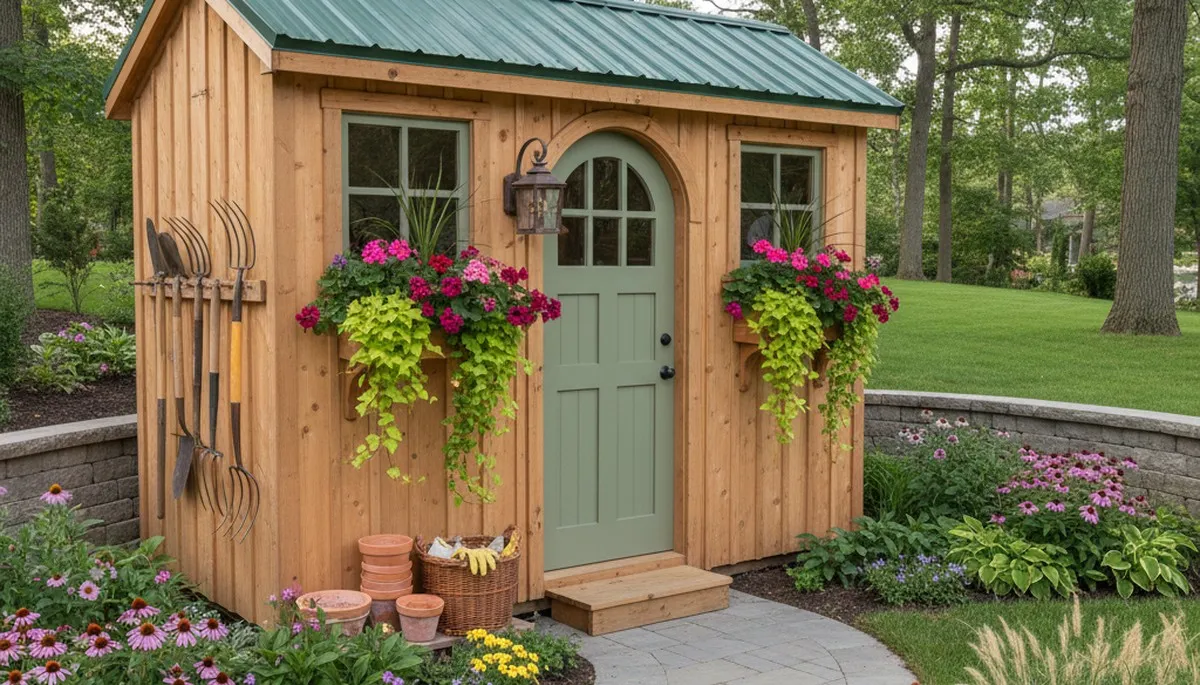 Decorative garden shed installation by Chop Chop Landscaping in Burlington VT with window boxes and trim