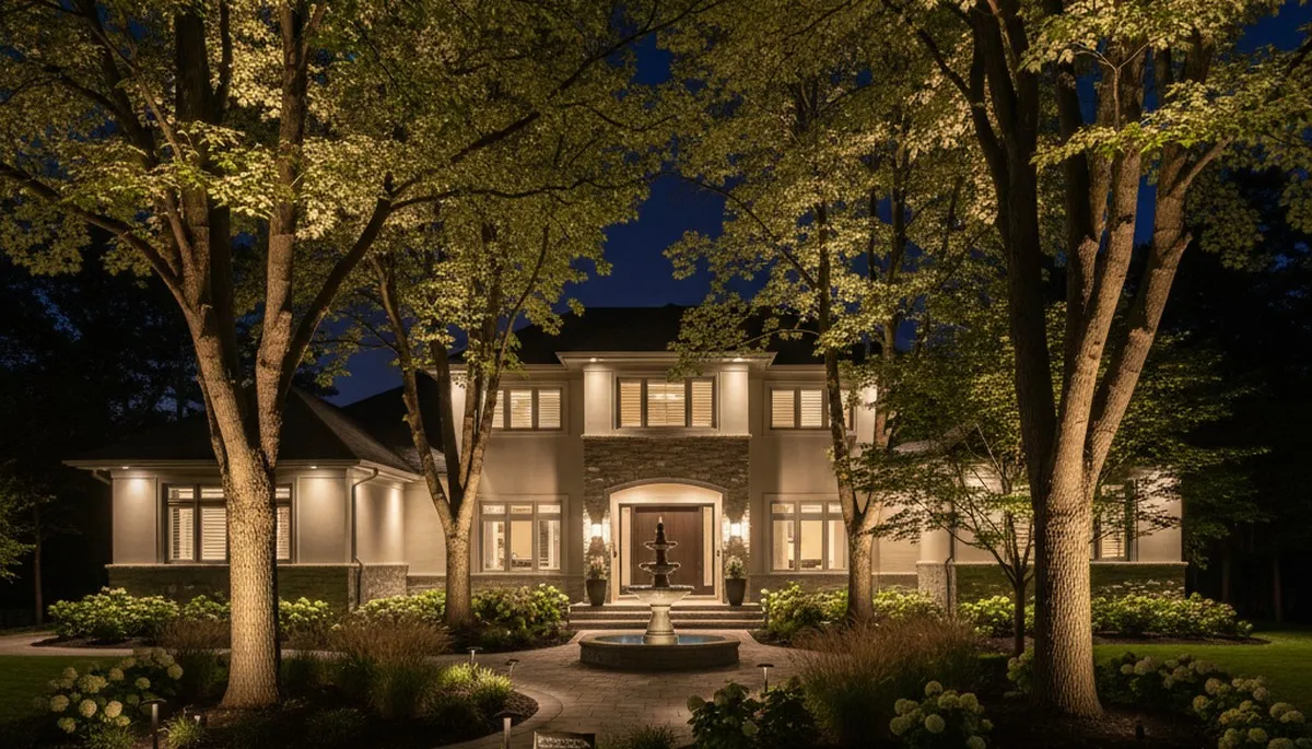 Dramatic tree uplighting showcasing professional landscape lighting design in Burlington, VT