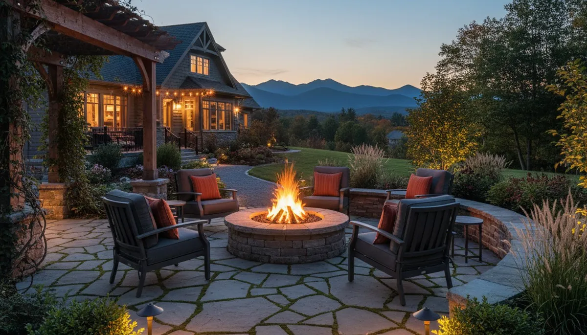 Fire pit patio with seating and lighting by Burlington VT landscapers creating inviting outdoor space