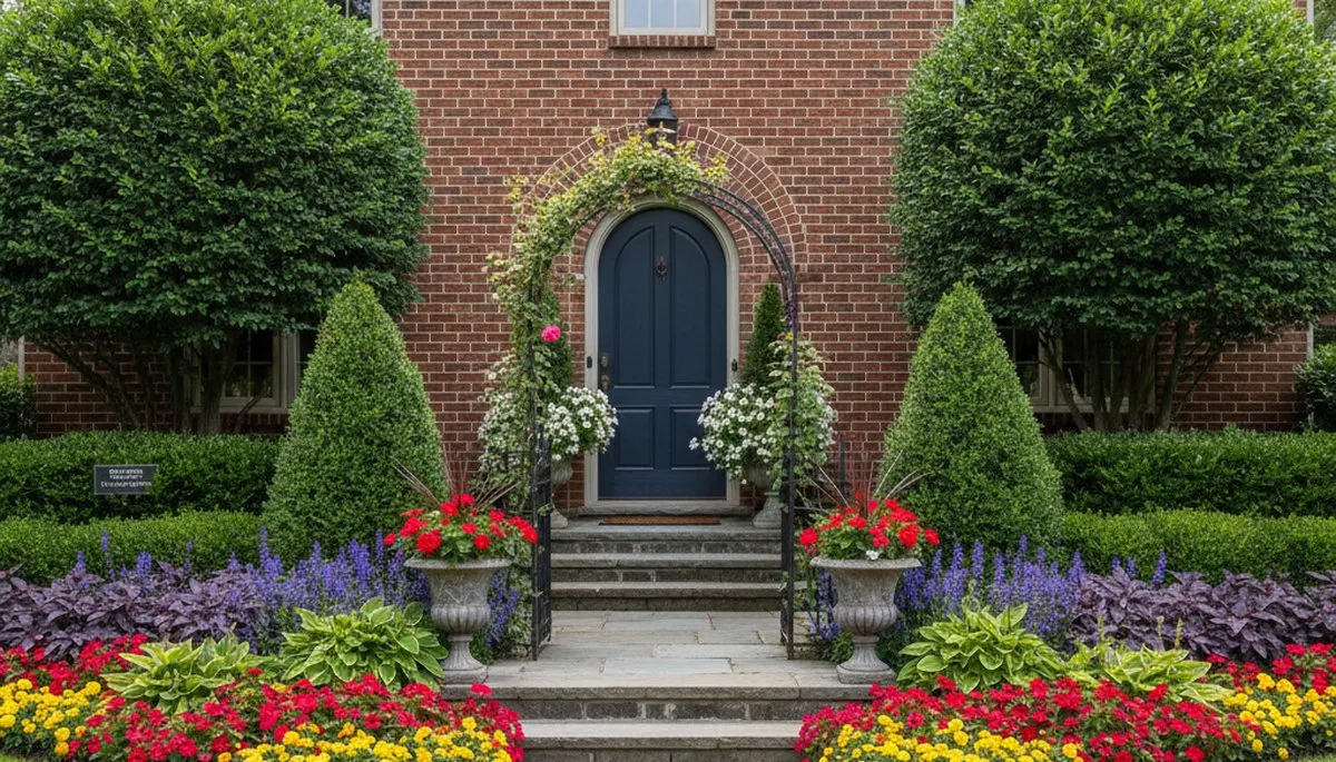 Front yard landscape design with colorful plantings and shrubs in Burlington, VT by local landscapers