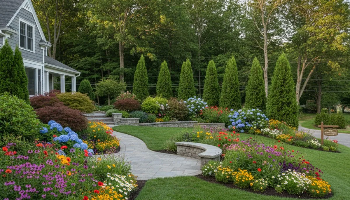 Full property landscape transformation with lawn, plants, and hardscape design in Burlington, VT