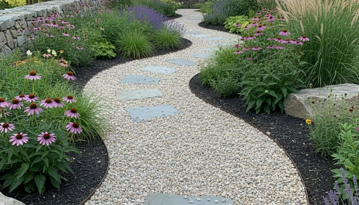 Professional pea gravel garden path installation in Burlington, VT by Chop Chop Landscaping