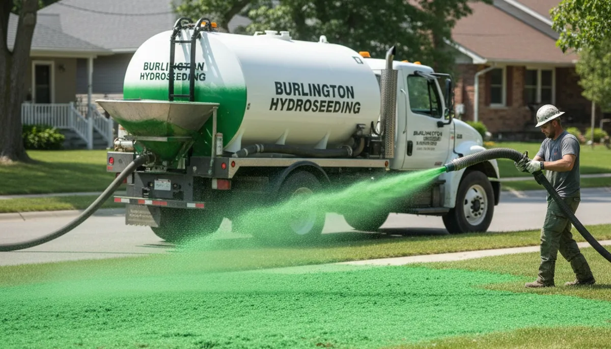 Hydroseeder truck spraying green slurry on new lawn, Chop Chop Landscaping Burlington VT