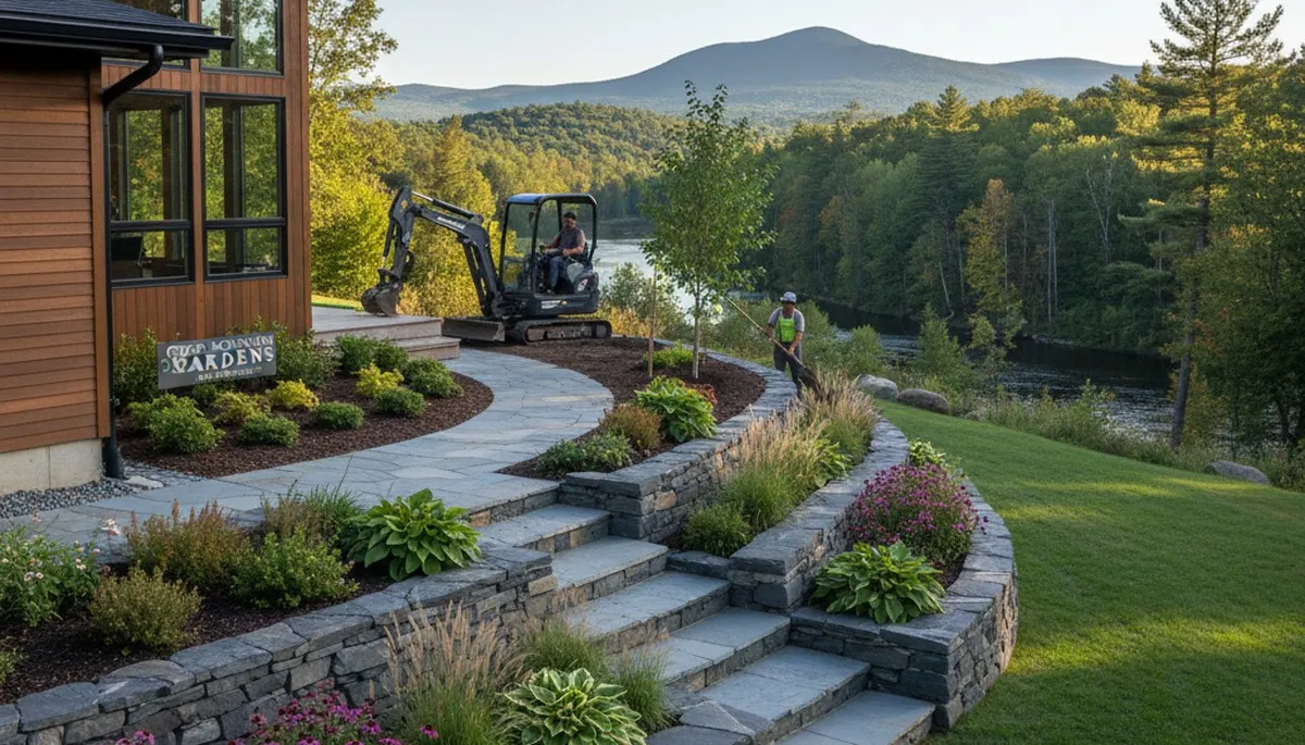Burlington VT landscaping crew maintaining a residential yard with professional lawn care services