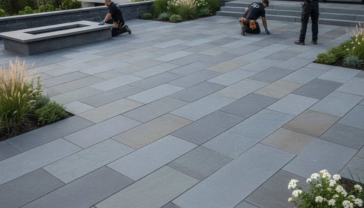 Contemporary large stone paver patio installed by professional landscapers in Burlington, VT