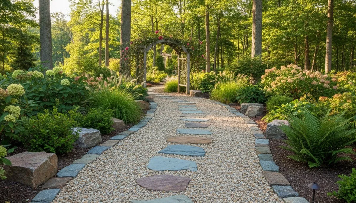 Pea gravel and stepping stone pathway by Burlington VT landscapers | Chop Chop Landscaping craftsmanship