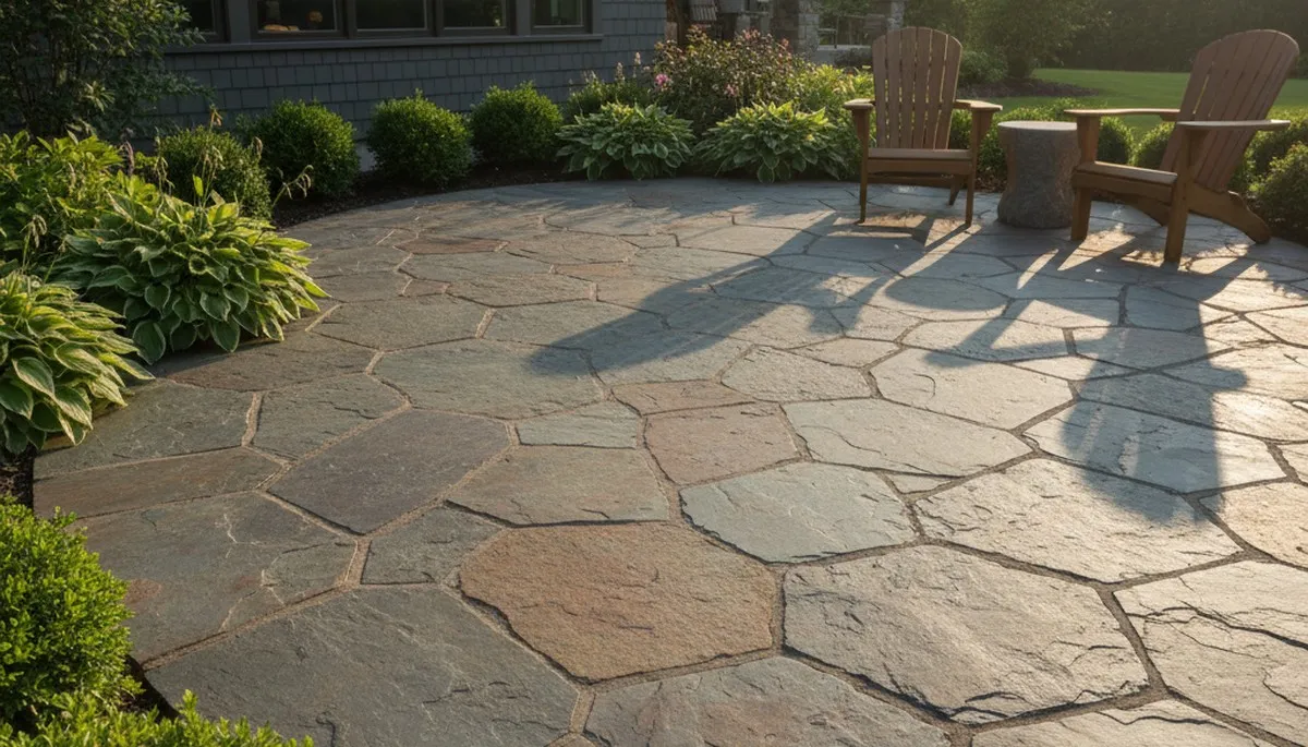 Natural flagstone patio installation by professional landscapers in Burlington, VT
