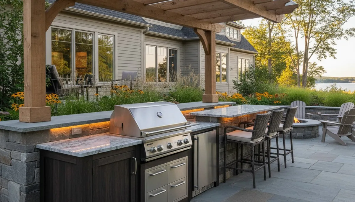 Luxury outdoor kitchen with pergola and granite counters by Burlington VT landscaping experts