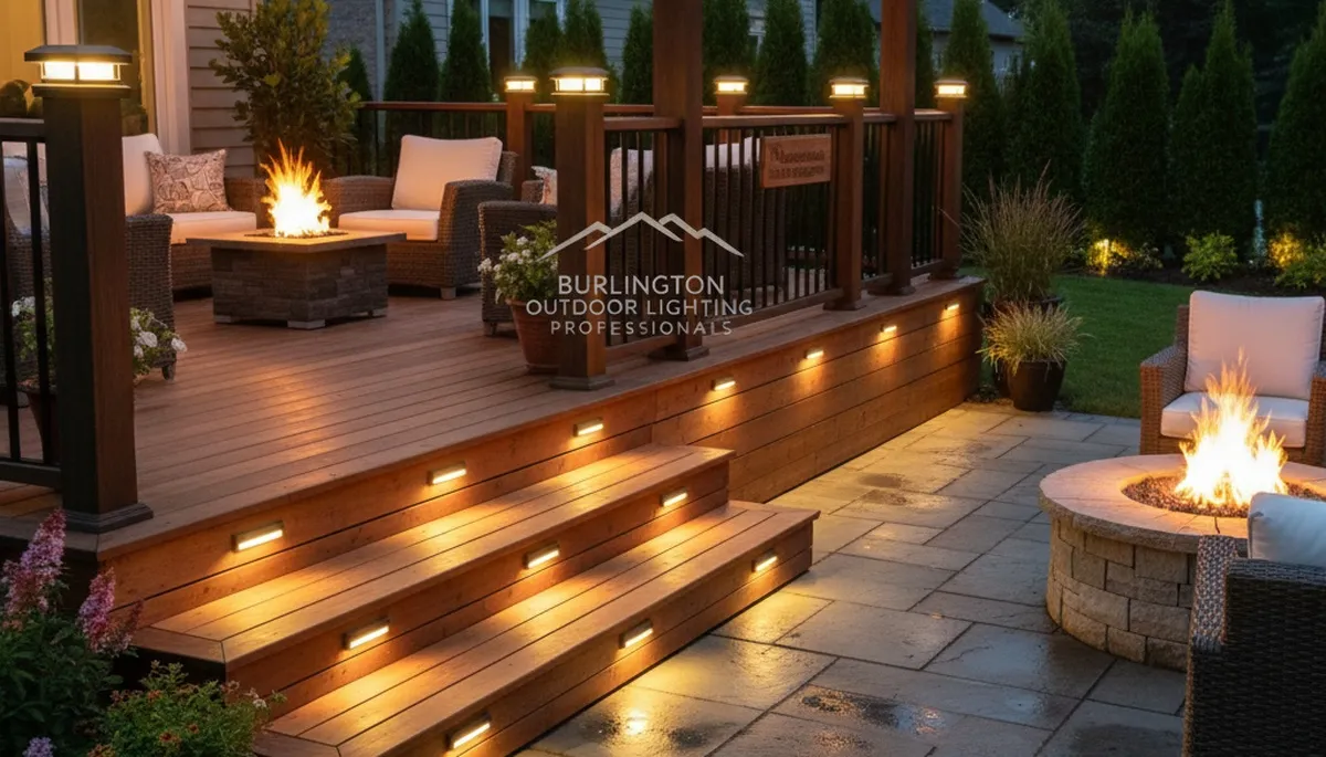 Illuminated patio with post cap and step lights by Chop Chop Landscaping in Burlington, VT