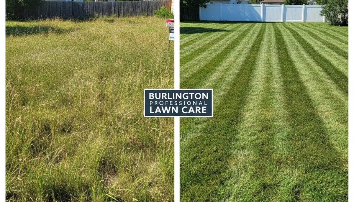 Before and after lawn mowing transformation showing neat, trimmed grass by Chop Chop Landscaping in Burlington, VT