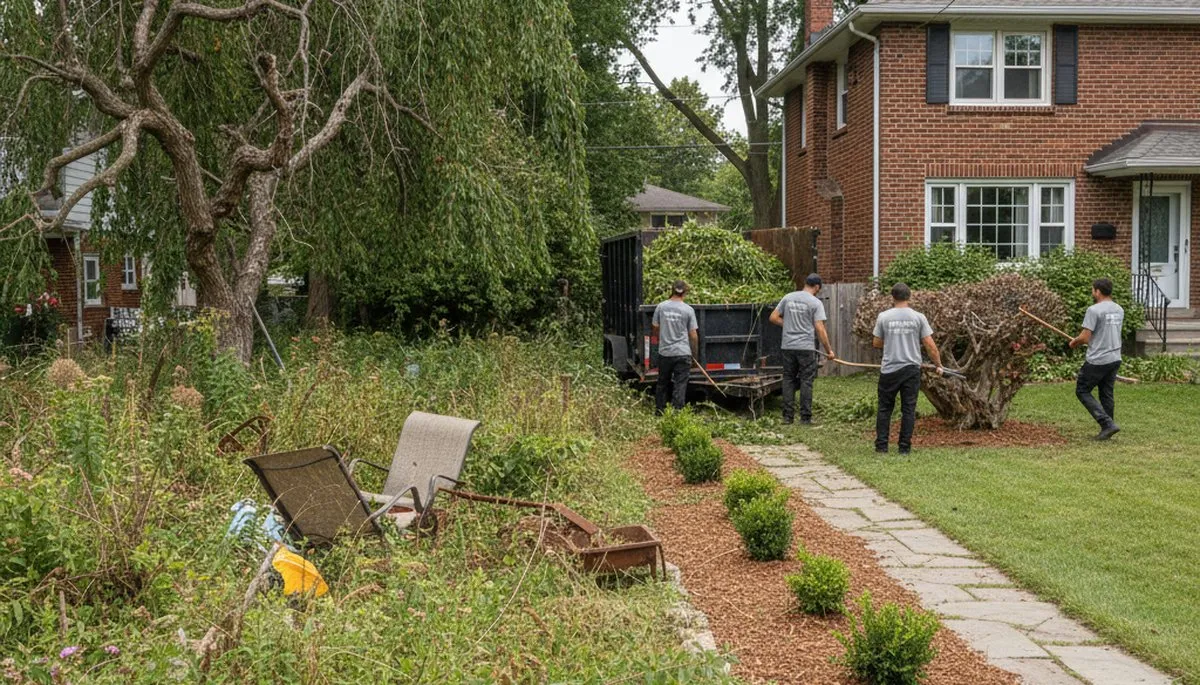 Landscapers clearing overgrown yard and debris during property cleanup in Burlington, VT