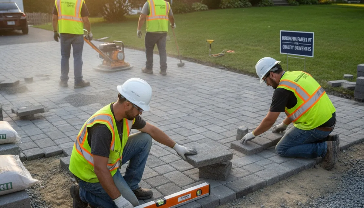 Professional crew installing driveway pavers in Burlington, VT with base prep and leveling underway