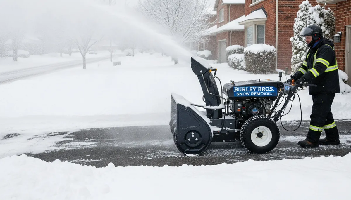 Professional snow blower clearing residential driveway snow in Burlington, VT by Chop Chop Landscaping