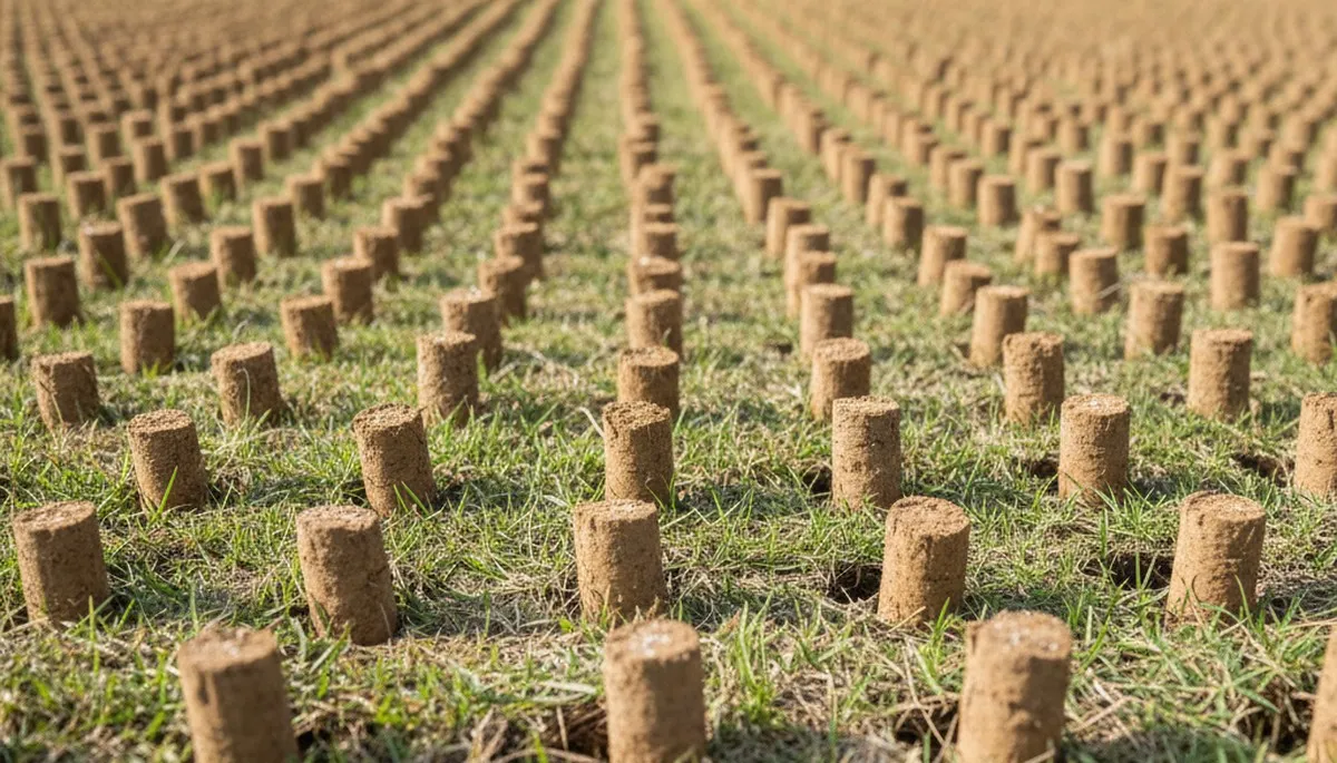Soil core plugs on aerated lawn in Burlington, VT showing deep professional lawn aeration results