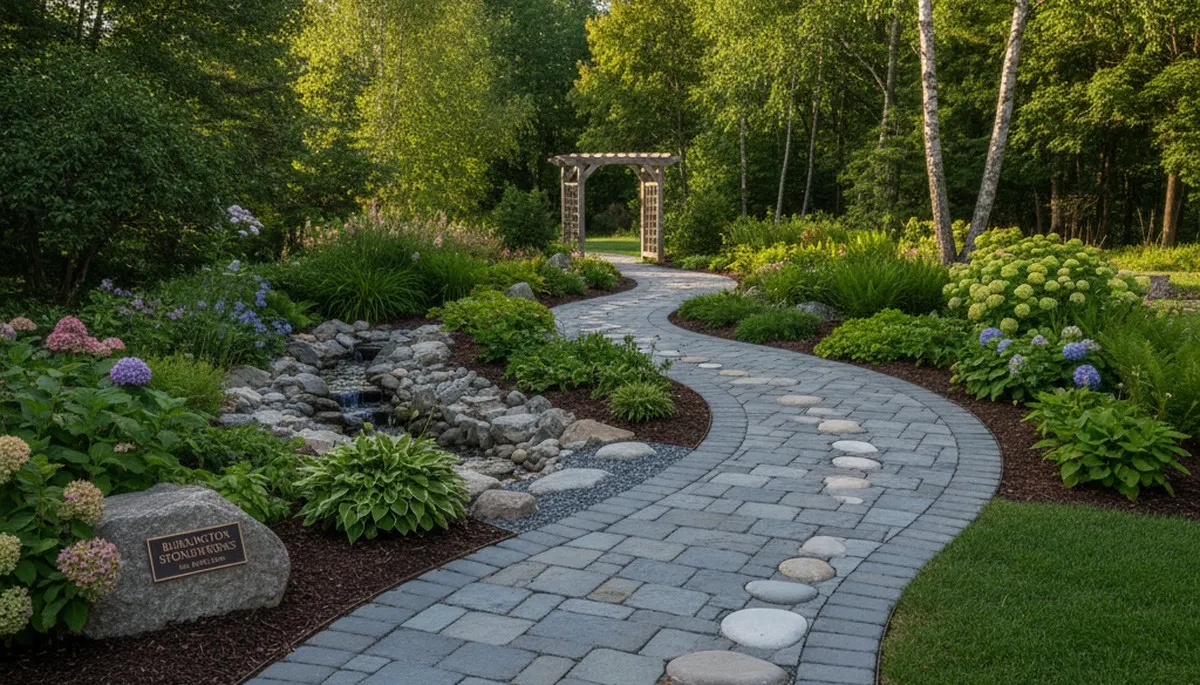 Curved stone paver pathway installed by Chop Chop Landscaping in Burlington, VT landscape design