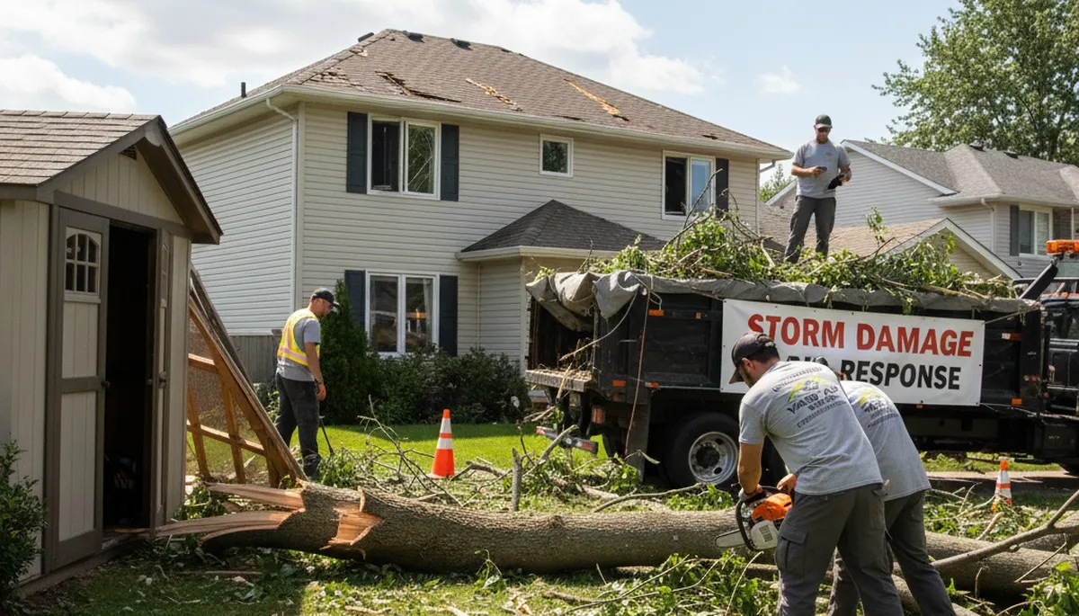 Landscapers clearing storm debris and fallen branches during yard cleanup in Burlington, VT