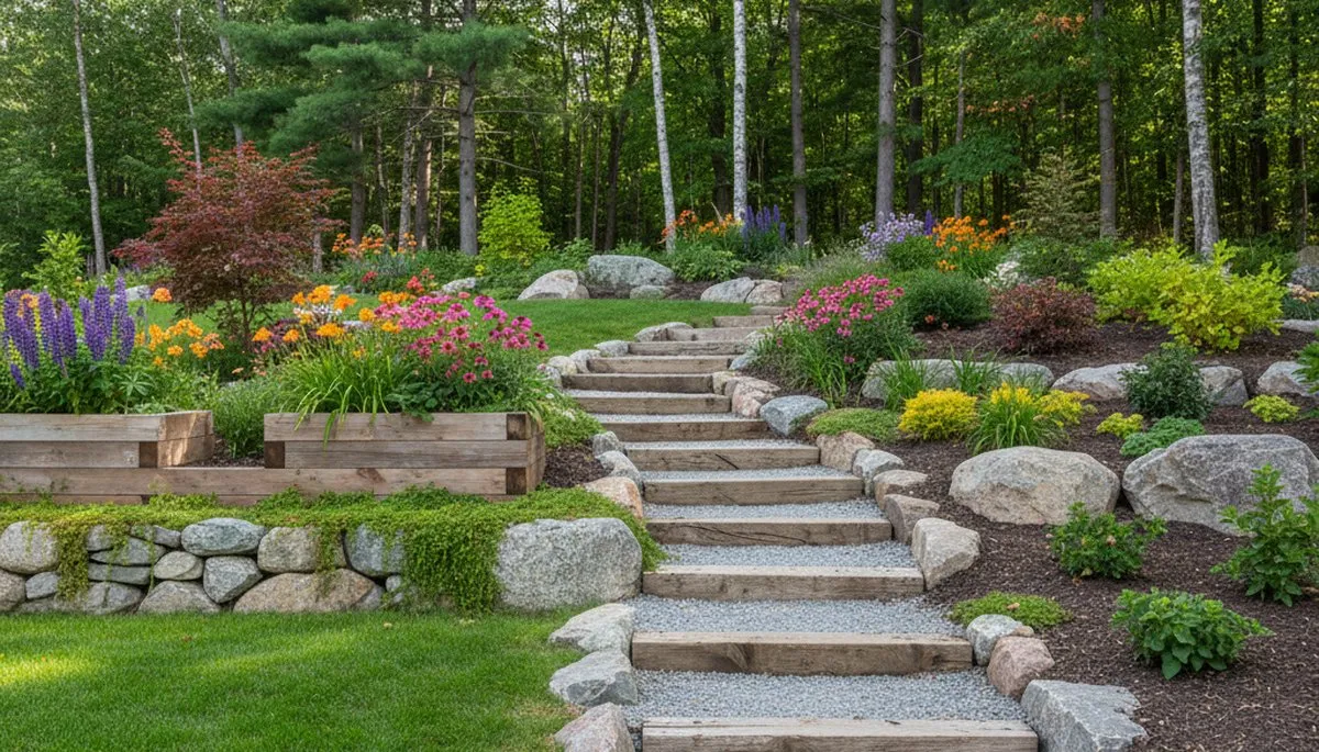 Terraced garden with timber steps and native plant landscaping on sloped yard in Burlington, VT